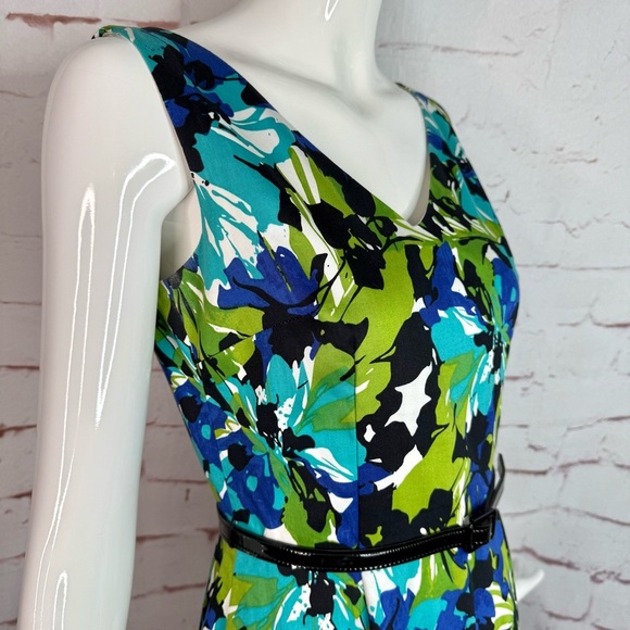 DAVID MEISTER Belted Fit & Flare Blue Green Floral Cocktail Party Dress Size 2 - Picture 3 of 16